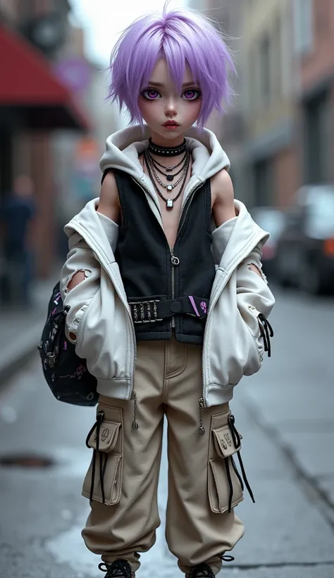 BJD style, Gothic style,  boy, light purple hair, purple eyes, cold expression, multiple silver square necklaces, black vest with flame pattern, sleeveless and collarless torn vest, black rivet belt, white hooded jacket with multiple pockets, off-shoulder,...