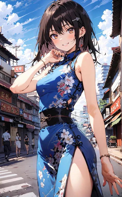 Yukina Himeragi, short hair, black hair, brown eyes,Alone,smile, grin ,Medium breast,Sleeveless blue Chinese clothes , blue long slit , pin heels, putting one hand on the waist , angle from below, is standing,whole bodyがイラストに入るように, ...