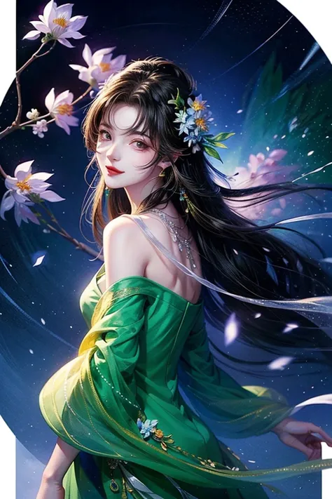 intense ink painting、 top quality、 masterpiece、 high image quality、 Official Art、 young, graceful and beautiful woman、Perfect face 、Brown-black long hair 、 perfect style、I'm wearing a light purple see-through dress、 earrings、 necklace、 The whole picture is...