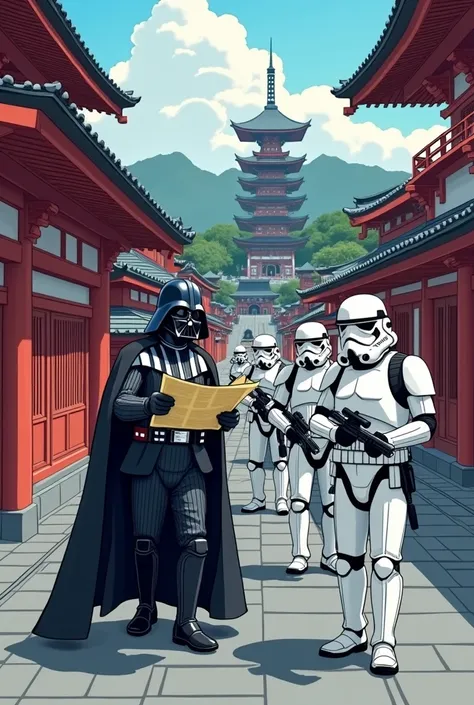 15-frame cartoon board。Themed cartoon of 地図を見ながら歩くDarth Vader and StormTroopers with blaster rifles in kyoto， 京都の神社とお寺，Drawn using perspective techniques。 