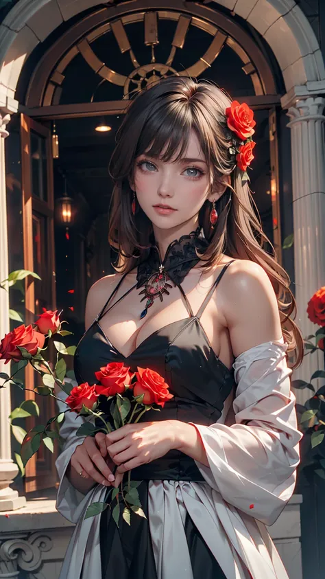 ( top quality,  masterpiece), ( 1 girl, Alone,  black dress ,  is standing ,  viewers, Gray Hair,  Red Eyes , Holding a rose,  closed my mouth,  upper body), ( the red dream catcher is in the back, Red Flower, )