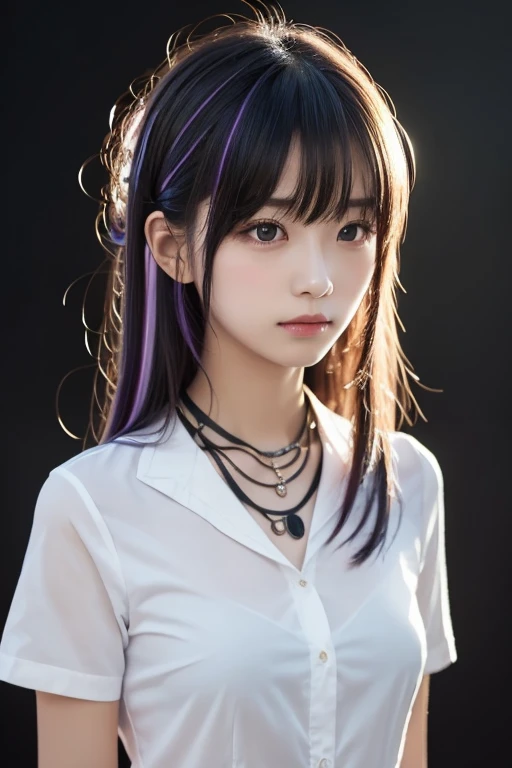 Masterpiece, 1 girl,Alone, A faint smile,  metal necklace ,  white shirt, Modern uniform ,  accessories,  purple and black two-tone hair color, Unique Hairstyle ,  stylish,  black background