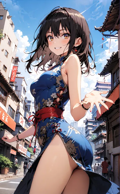 Yukina Himeragi, short hair, black hair, brown eyes,Alone,smile, grin ,Medium breast,Sleeveless blue Chinese clothes , blue long slit , pin heels, putting one hand on the waist , angle from below, is standing,whole bodyがイラストに入るように, ...