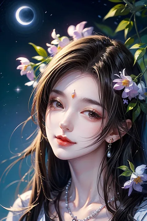 intense ink painting、 top quality、 masterpiece、 high image quality、 Official Art、 young, graceful and beautiful woman、Perfect face 、Brown-black long hair 、 perfect style、I'm wearing a light purple see-through dress、 earrings、 necklace、 The whole picture is...