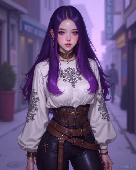  A young woman with long, straight hair ,  with vibrant purple highlights at the tips ,  wearing a white sweater style blouse with long and loose sleeves , with embroidered details in black .   She wears a dark brown corset with gold details ,  a wide leat...