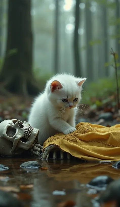  Create an image,,,," A heartbreaking scene of a small , cute white kitten crying over the remains of a loved one in ,  enchanted forest. The big kitten , glossy eyes are filled with sorrow,  tears streaming down her cheeks as she places her tiny paws on h...