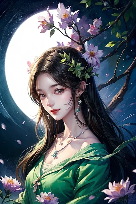 intense ink painting、 top quality、 masterpiece、 high image quality、 Official Art、 young, graceful and beautiful woman、Perfect face 、Brown-black long hair 、 perfect style、I'm wearing a light purple see-through dress、 earrings、 necklace、 The whole picture is...