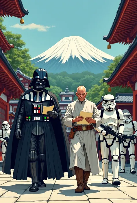 15-frame cartoon board。Themed cartoon of Darth Vader walking while looking at a map and Admiral Grand Moff Wilhuff Tarkin pointing somewhere and StormTroopers with Blaster Rifles in Kyoto， 京都の神社とお寺，Drawn using perspective techniques。 