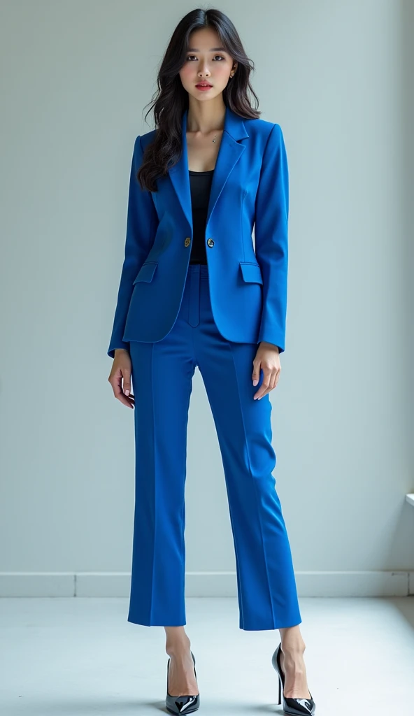 Beautiful Korean girl wearing a blue suit is easy to stand again by using high heels with writing on her shirt *MEMBER C .a*