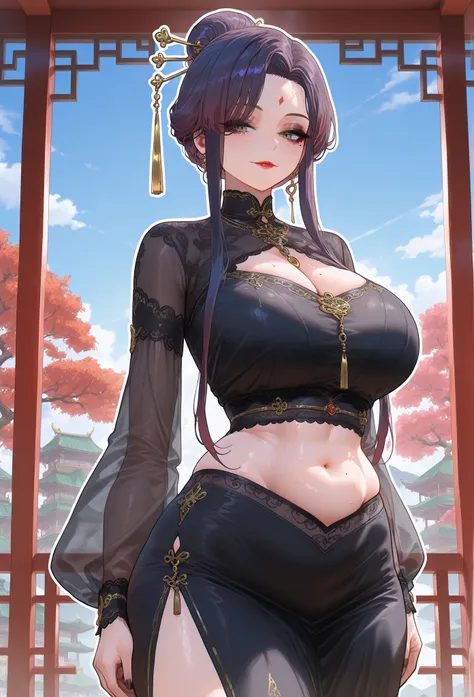 mixed_artwork style, dark purple hair, bun, side hair, hair ornament, long sidelocks tied back, gray eyes, perfect eyes, diamong sharp eyes, black oriental top, black oriental bottom, sheer sleeves with glitter, (exposed belly), Mole under eye, curvy, mass...