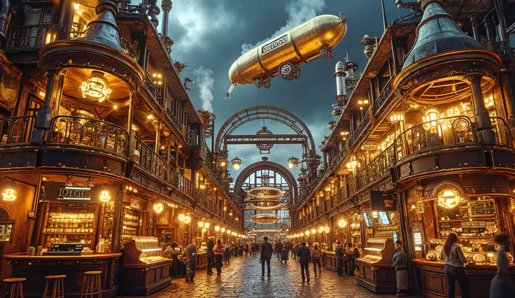 A vibrant steampunk night market set in a sprawling cityscape, dominated by glowing gold and silver tones. The market is filled with stalls constructed from polished brass and gleaming silver, illuminated by glowing neon lights and steam-powered lanterns. ...