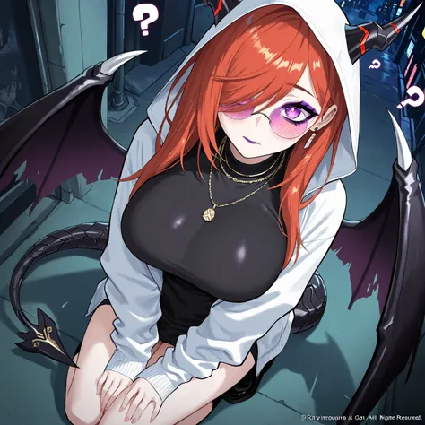 A dragon girl, dressed in an emo nurse outfit , With dragon wings and tail emo, Full body , and two eyeglass lenses sewn into the white mask on the hood,  a detailed painting by Jin Homura, pixiv, what is that?,  highly detailed face  , ( (  extreme detail...