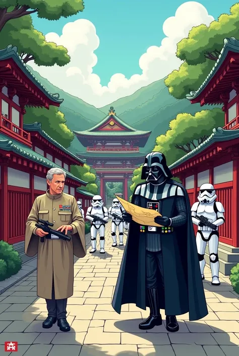 15-frame cartoon board。Themed cartoon of 地図を見ながら歩くDarth Vader and どこかを指さす帝国軍の制服を着たターキン提督とStormTroopers with blaster rifles in kyoto， 京都の神社とお寺，Drawn using perspective techniques。 