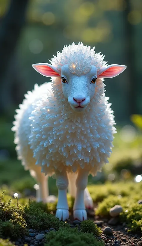 "A breathtakingly hyper-realistic Moonstone Sheep standing gracefully in a lush, natural landscape. Its entire body is composed of shimmering Moonstone, with a mesmerizing iridescent glow that shifts between shades of soft blue, silver, and pearlescent whi...