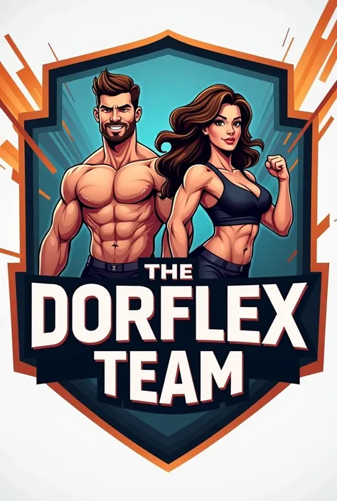 I would like to create a logo, for a group on GymRats, The name of the group is Dorflex Team, Create a creative and funny logo, That she has a man and a brunette woman with wavy hair