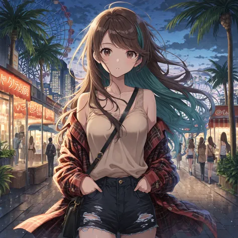  (Masterpiece, best quality), intricate details, JK, thin, very long hair, brown hair, hair with teal highlights, head tilt, brown eyes, flannel jacket, beige tank top, ripped black jean shorts, ((long swept bangs)), , trees, street, sidewalk, hair blowing...