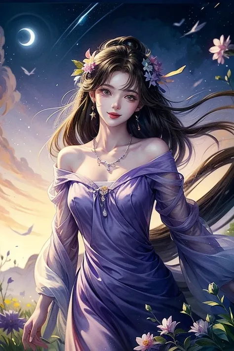 intense ink painting、 top quality、 masterpiece、 high image quality、 Official Art、 young, graceful and beautiful woman、Perfect face 、Brown-black long hair 、 perfect style、I'm wearing a light purple see-through dress、 earrings、 necklace、 The whole picture is...