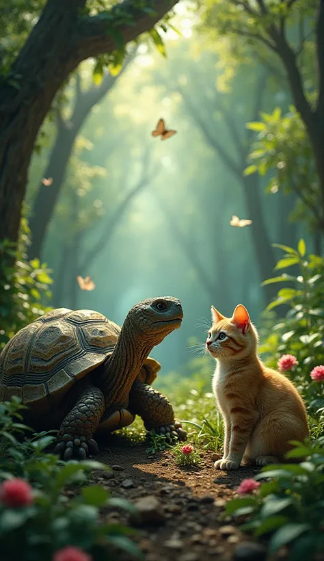 Tortoise telling stories to cat,with jungle landscape in background 