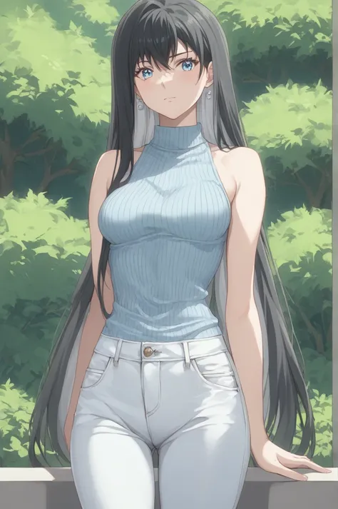 score_9, score_8_up, score_7_up, BREAK source_anime, yuki onna, light blue eyes, black hair, multicolored hair, long hair,　long two back braids of twintails, multicolored braids of white and black, one intake and swept one side bangs, medium breasts, cowbo...