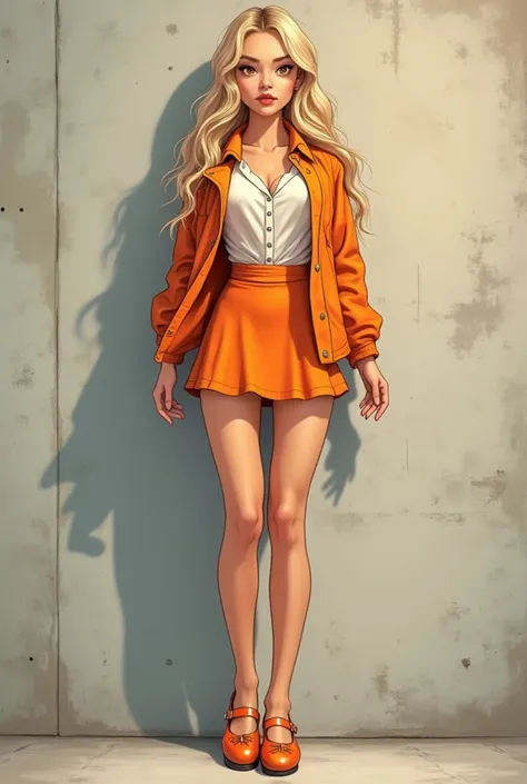 The illustration is a high definition illustration with 4k resolution, with highly detailed facial features and cartoon style visuals, beautiful woman, concrete wall background, orange leotard , white button shirt under her orange jacket, orange miniskirt ...