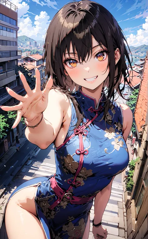 Yukina Himeragi, short hair, black hair,  brown eyes,Alone,smile, grin ,Medium breast,Sleeveless blue Chinese clothes ,  blue long slit , pin heels, putting one hand on the waist , angle from below, is standing,whole bodyがイラストに入るように,                       ...