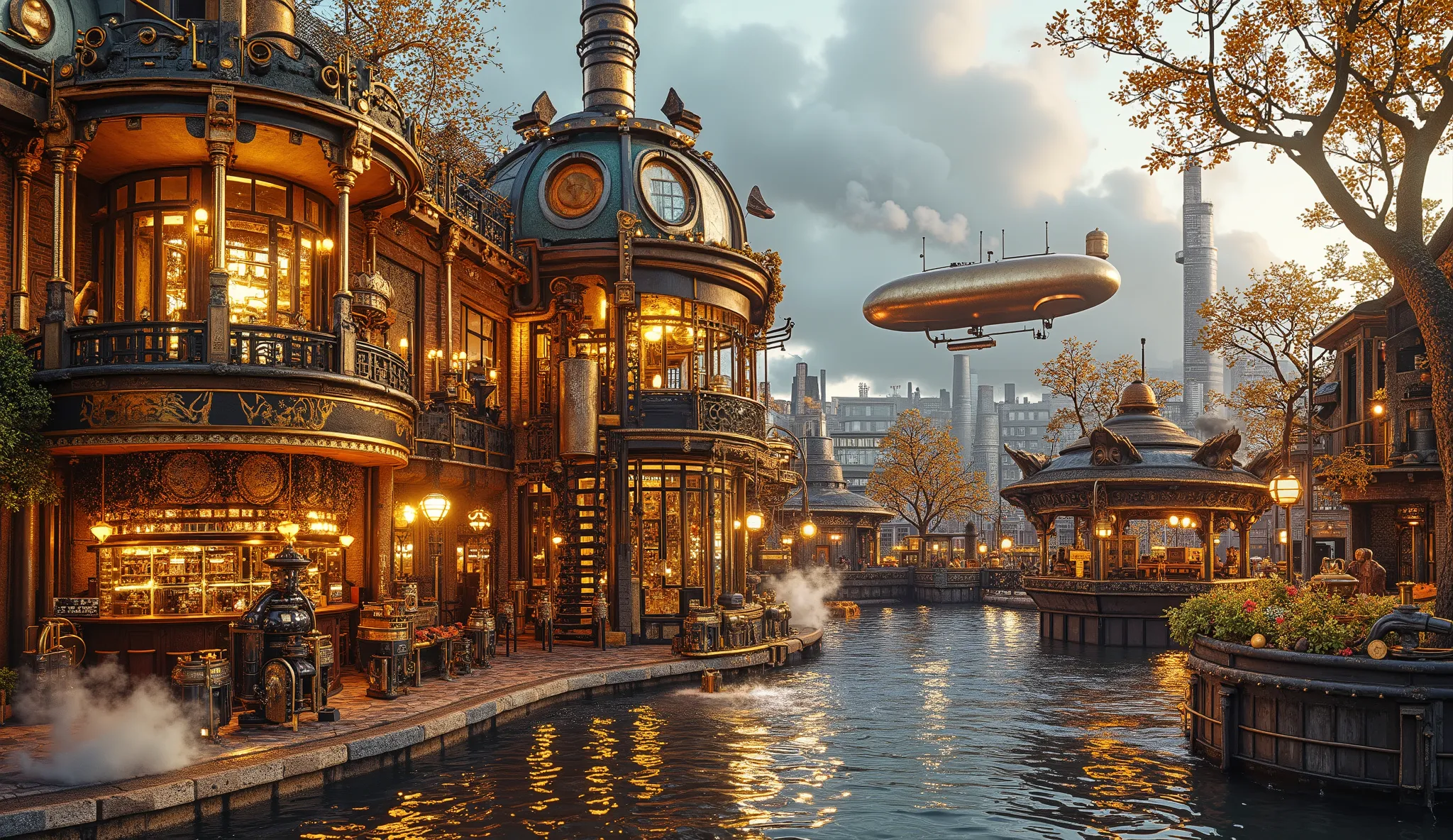 A luxurious steampunk garden set within a sprawling cityscape, glowing with radiant gold and silver tones. The garden features towering Victorian-style structures adorned with intricate brass details and glowing neon lights. Golden trees and silver fountai...