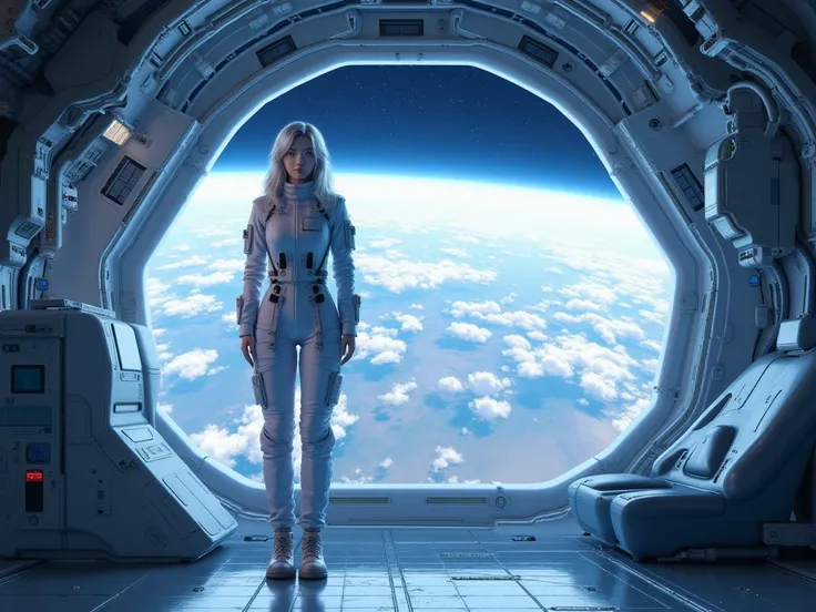 a masterpiece ,Space and astronauts, wavy long silver hair, blue eyes , a female astronaut working Inside the spacecraft, futuristic high tech space station. behind her are huge space station window