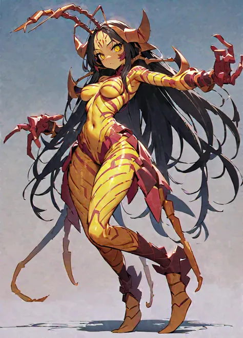 high quality, masterpiece, highres, solo, full body, oomukade (mge) 2, centipede girl, monster girl, arthropod girl, serpentine, long hair, black hair, yellow eyes, antennae (anatomy), light skin, segmented body, carapace, legless, body markings, medium br...