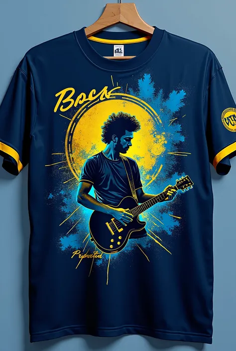 
Haceme una camiseta de boca 
 Front of the shirt :
 The background would be blue and gold ,  the characteristic colors of Boca ,  but with a more artistic and abstract touch ,  in the style of Cerati .
in the center,  a stylized image of Cerati playing th...