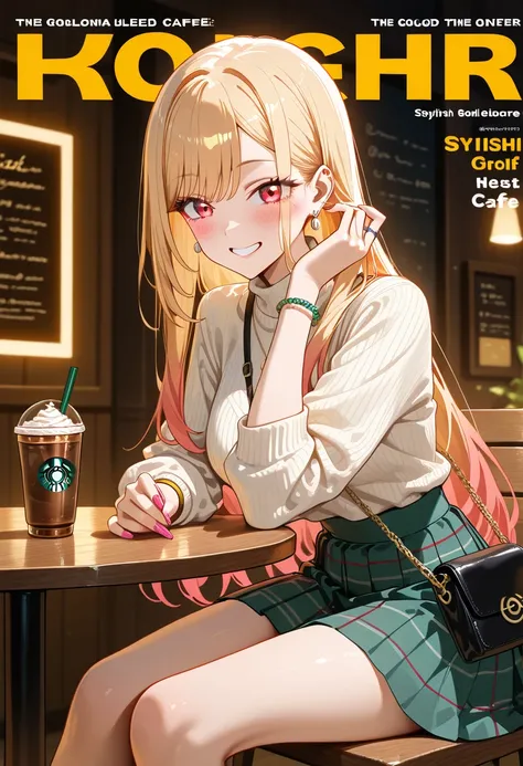 Marin Kitagawa, sitting at a cozy café, sipping her iced latte through a straw, casually tucking a strand of hair behind her ear with her free hand, looking at the cup with a neutral, relaxed expression, long loose blonde hair softly cascading over her sho...