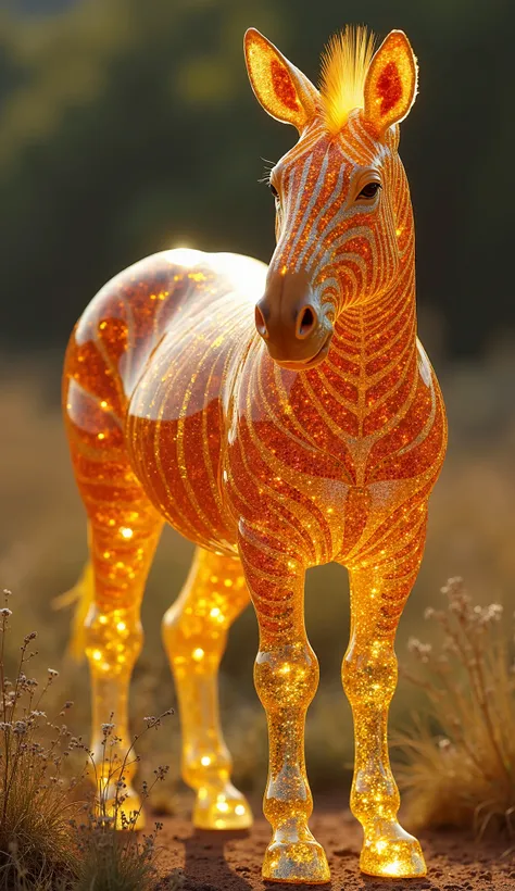 "A breathtakingly hyper-realistic hybrid zebra standing proudly in the wild, its entire body composed of radiant topaz gemstones. Its sleek, muscular form glows with golden and amber hues, as the crystalline texture of the precious stone refracts sunlight,...