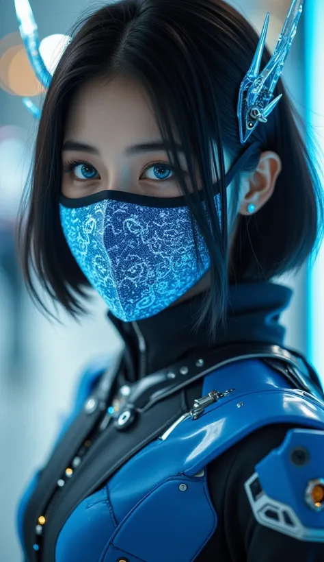 "A cyberpunk-inspired korean woman with a futuristic aesthetic, captured in a medium shot. She has a bob hair, accented with thin strands resembling glowing fiber-optic wires. Sharp, translucent blade-like accessories extend from her ears, resembling hidde...