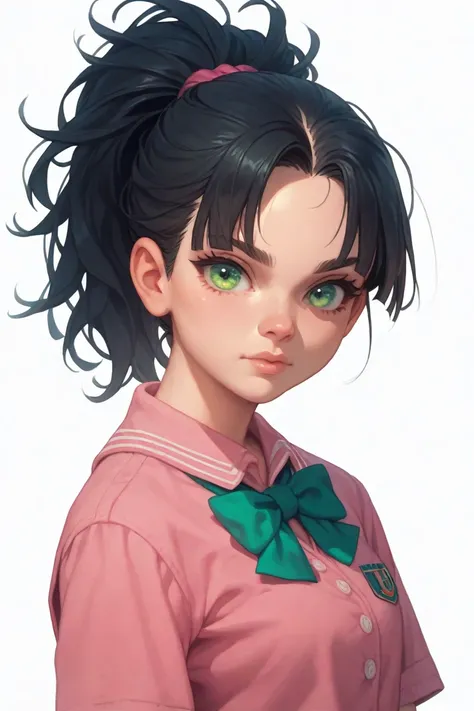 1girl, solo, black hair, green eyes, ponytail, spiky bangs, bangs covering center of forehead, calm expression, school uniform, pink shirt, dark pink skirt, white background