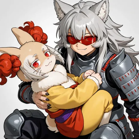 Semi-human werewolf puppy gray hair,  smile,  red eyes, Japanese gray armor with shades of red ,  wolf ears,Embracing Nanachi