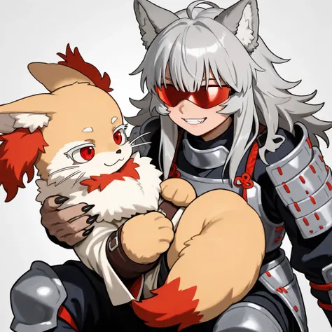 Semi-human werewolf puppy gray hair,  smile,  red eyes, Japanese gray armor with shades of red ,  wolf ears,Embracing Nanachi