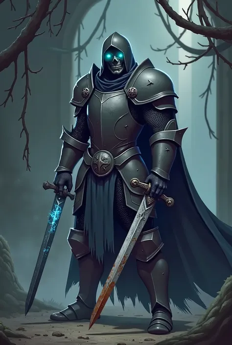 undead knight, Blue Flame Eyes, two swords, one black with magic runes and the other rusty , dirty and shabby black armor with gray details, black hood, Pixel art