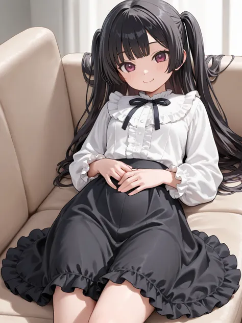 Black hair, long hair, two side up hair, princess cut bangs, maroon eyes, frilly shirt, black frilly skirt, small tits, smile, high school student lying on the side on the sofa