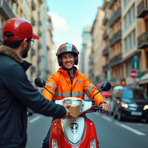 wide Photo of a professional and friendly motoboy handing over a package to a satisfied customer. Both are smiling