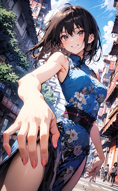 Yukina Himeragi, short hair, black hair, brown eyes,Alone,smile, grin ,Medium breast,Sleeveless blue Chinese clothes , blue long slit , pin heels, putting one hand on the waist , angle from below, is standing,whole bodyがイラストに入るように, ...