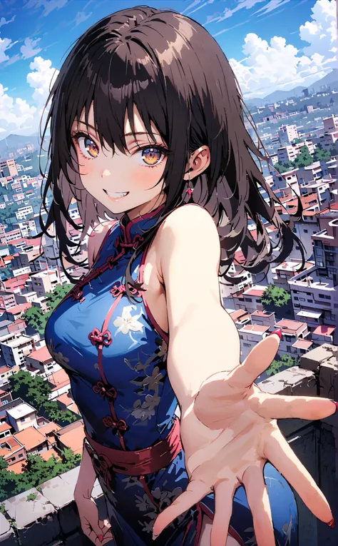 Yukina Himeragi, short hair, black hair, brown eyes,Alone,smile, grin ,Medium breast,Sleeveless blue Chinese clothes , blue long slit , pin heels, putting one hand on the waist , angle from below, is standing,whole bodyがイラストに入るように, ...