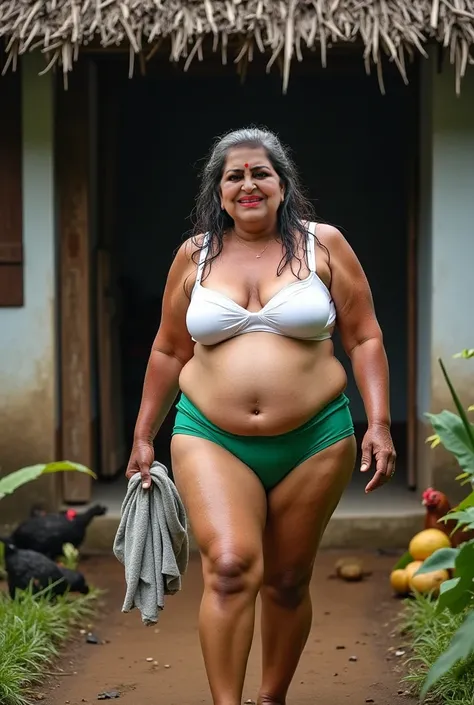 A plussize plump curvy village woman in her 60s in Kerala walks out of the bathroom outside her thatched house after a bath in a white bra and a green bikini. Big thighs, a big navel, a tight waist, big breasts, wide hips and A damp towel is wrapped around...