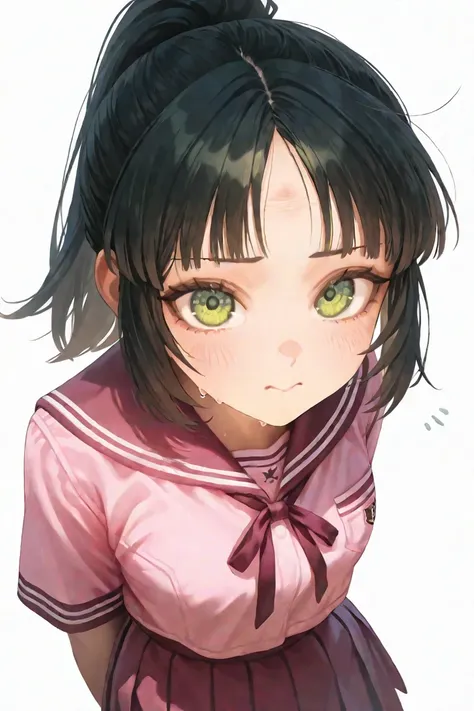 1girl, solo, black hair, green eyes, ponytail, spiky bangs, bangs covering center of forehead, calm expression, school uniform, pink shirt, dark pink skirt, white background