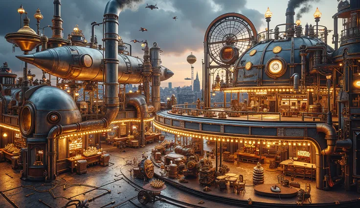A grand steampunk arena set within a sprawling cityscape, glowing with radiant gold and silver tones. The arena is constructed from polished silver and adorned with intricate brass details, illuminated by glowing neon lights and steam-powered lanterns. Air...