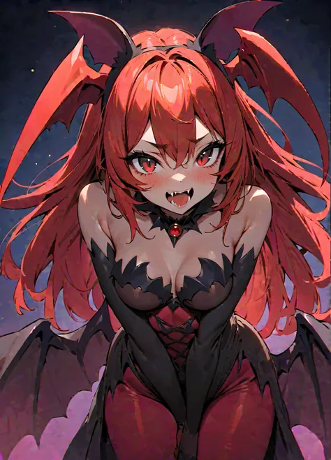 high quality, masterpiece, highres, solo, bat girl, monster girl, red hair, black eyes, bat ears, bat wings, (winged arms), medium breasts, fangs