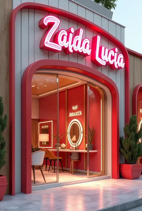  Hyperrealistic 3D rendering of the façade of 'Zaida Lucia Makeup School' with a retro-modern design .  The structure combines elegant curved lines with sophisticated materials such as wood in warm tones and translucent acrylic details.  The color palette ...