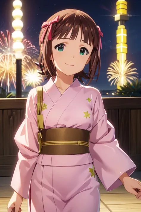  Amami Haruka、 glossy brown hair ,  short hair, ( beautiful brown eyes、Sparkling Eyes, fine grain)、smile、 super detailed eyes、 Highly detailed faces,  Extremely Precise Eyes,

( top quality:1.2),  one girl,  Fireworks, yukata, summer, cowboy shot,  turn ar...