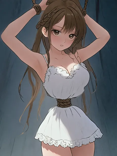 (( anime style))),(( Masterpiece )), (( best quality)), ( super detailed),torture chamber,(((The hemp rope is tightly tightened to her waist))), cute girl, 1 girl,white ruffle slip dress, beautiful iightbrown hair ,( beautiful blrown eyes ), long hair, ...
