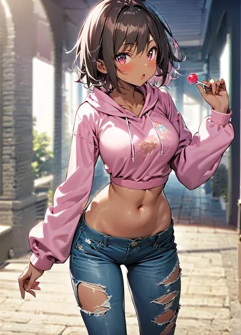 1girl, solo, dark-skinned female, murasansei, breasts, civitai hoodie, midriff, navel, denim, torn jeans, lowleg pants, :o, eating, holding lollipop, sideways glance, looking at viewer, blurry background, masterpiece, best quality, hires, absurdres, 