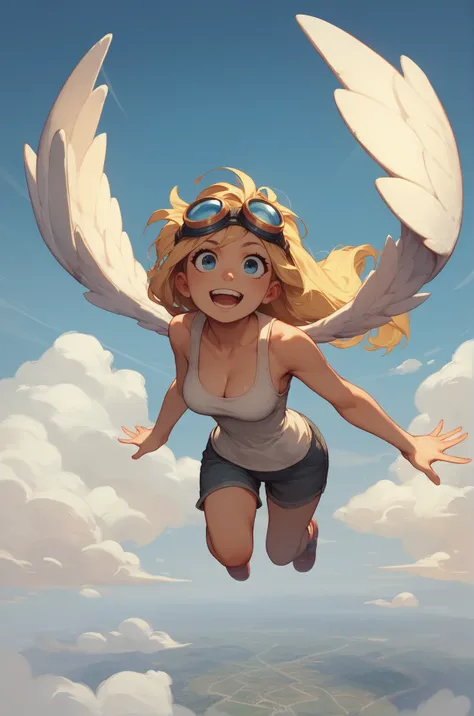 score_9, score_8_up, score_7_up, source_cartoon, 1girl, solo, blonde, long hair, white wings, tank top, cleavage, googles on head, full body, flight, sky background, extremely detailed