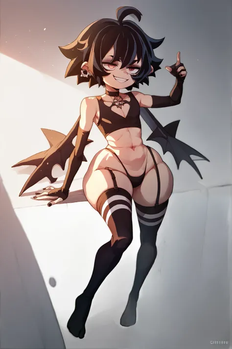 Gaota, gothic, Very pretty smiling with a super sexy body  (( big boobs))  with a black indium thong ,  high socks with a garter and wearing long gloves,  all white clothes 